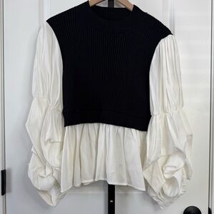 English Factory Black Knit & White Puff Sleeve Peplum Blouse Size M NWT